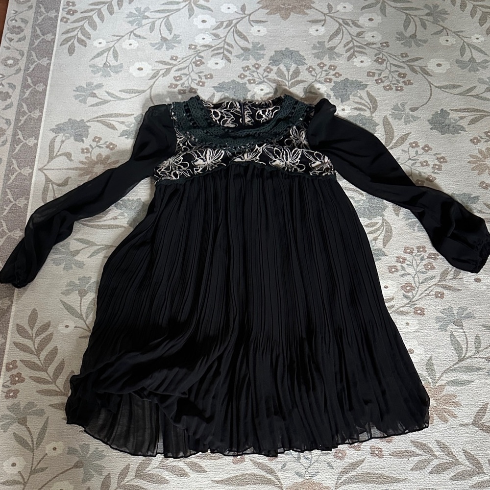 Ryu Black Pleated Dress with Embroidered Yoke